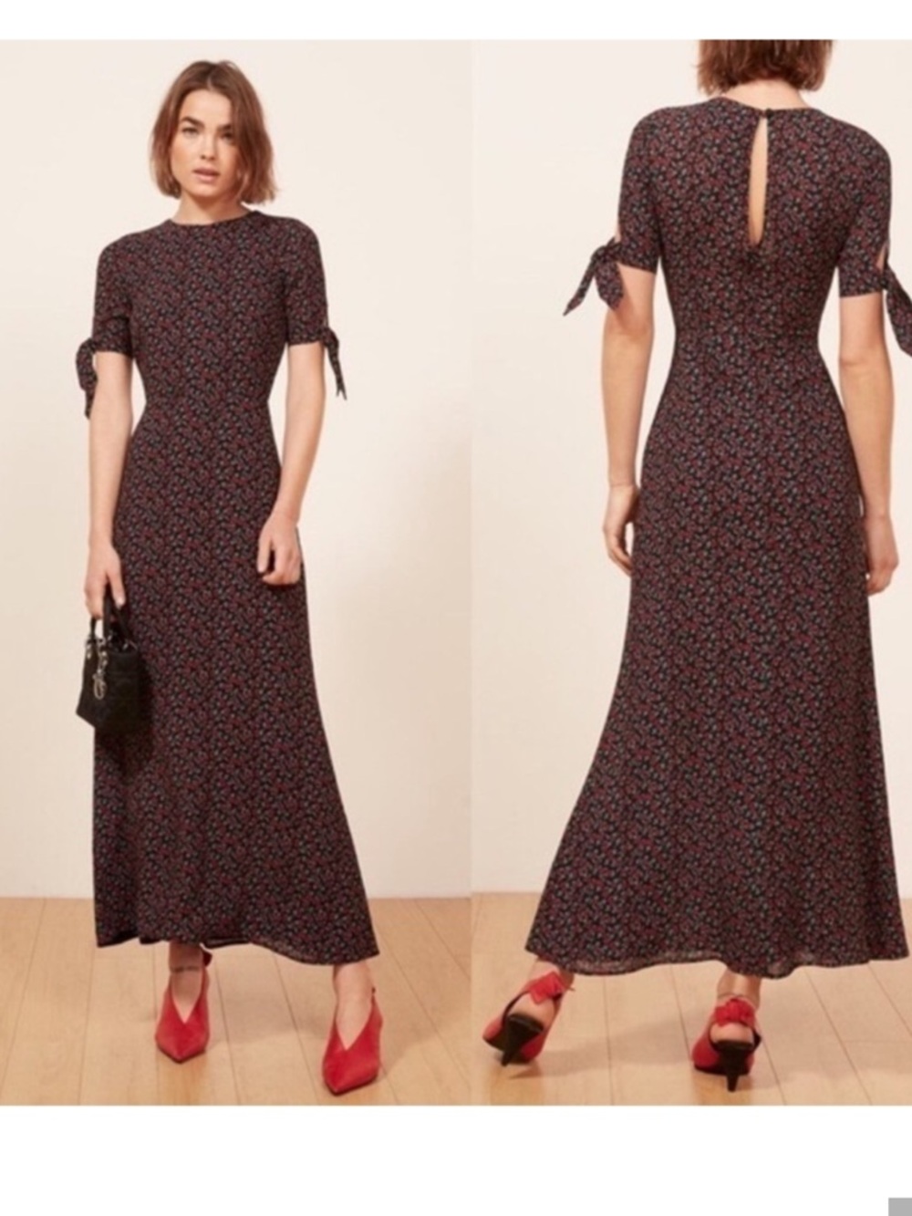 Reformation Black Maxi Dress with Red Floral Print